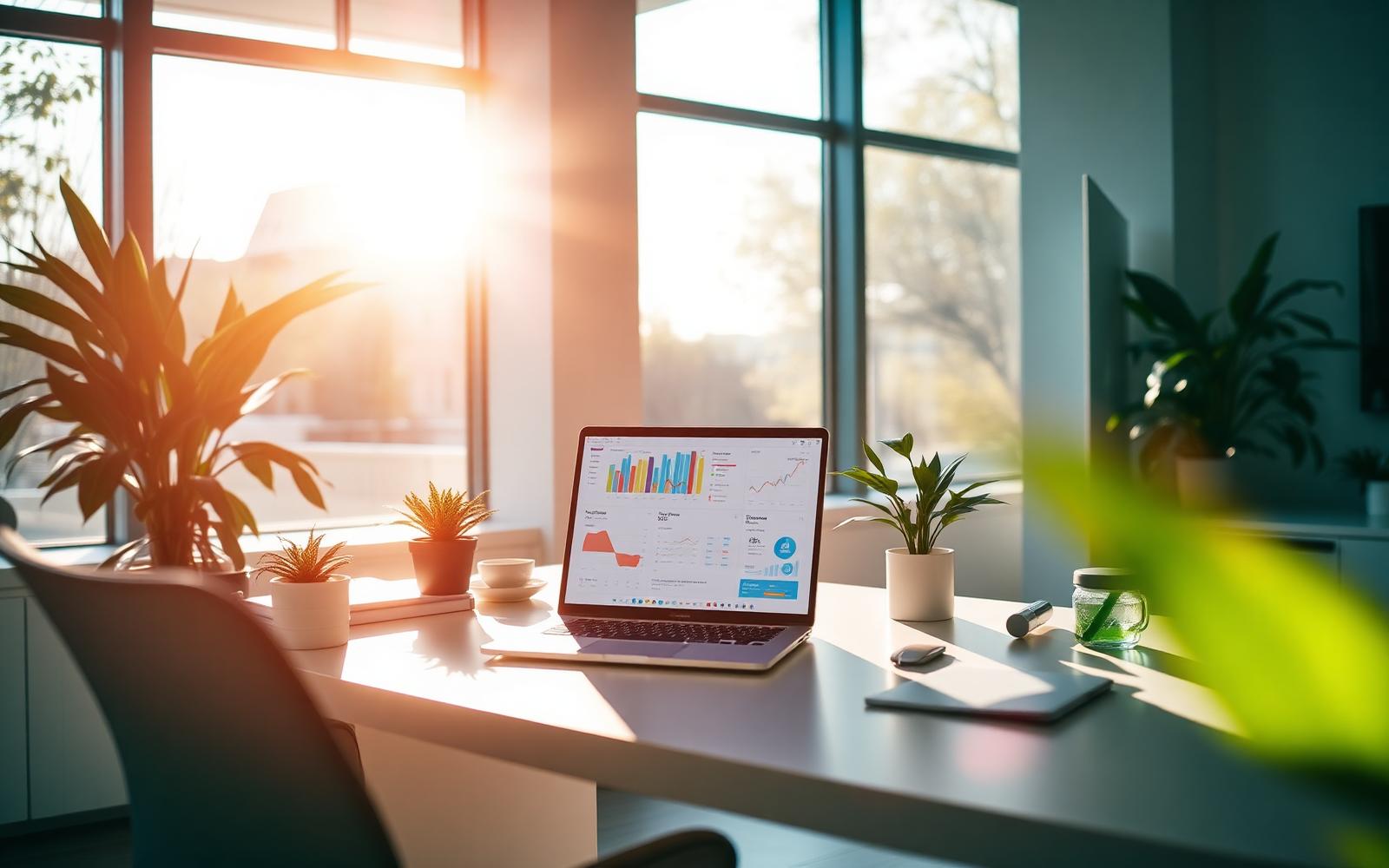 Sunlit creative workspace with a MacBook showing marketing dashboards