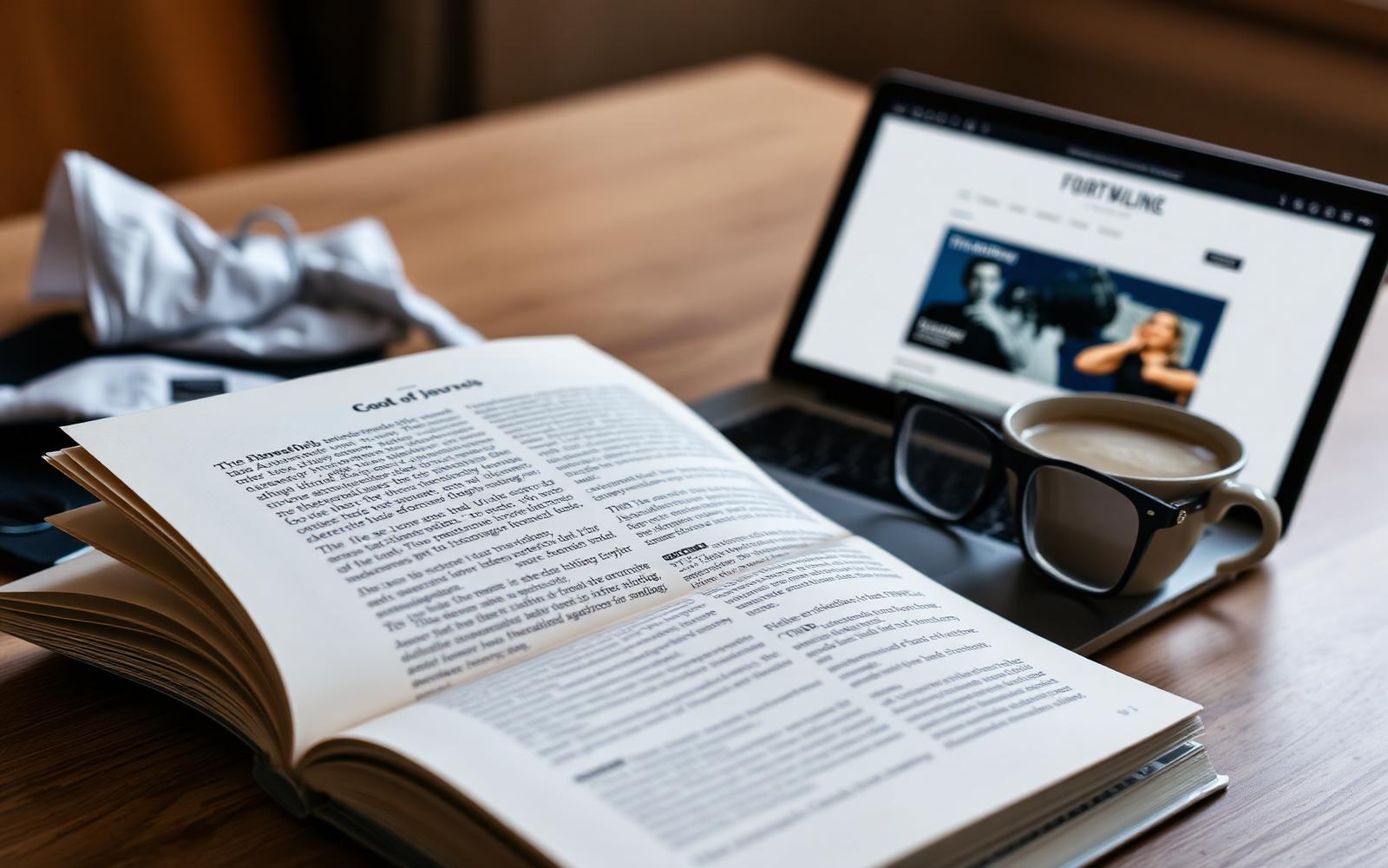 Editorial workspace with open journal and laptop
