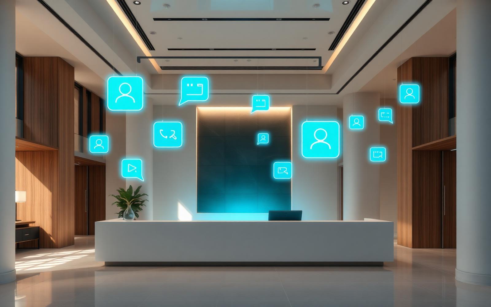 Modern premium office reception with holographic communication icons
